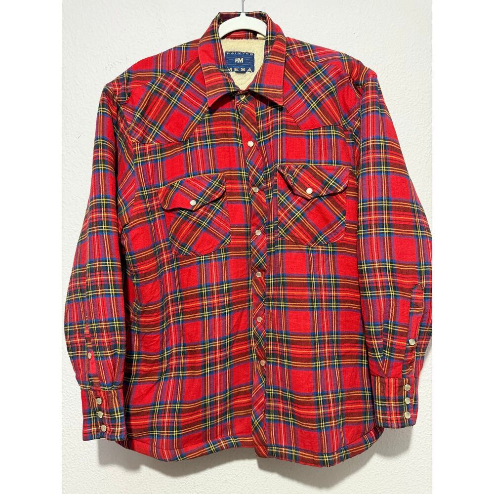 Vintage Painted Mesa Jacket Pearl Snap Flannel Grunge L Red Plaid Lined Western